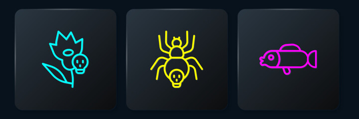 Set line Poison flower, Puffer fish and Poisonous spider. Black square button. Vector