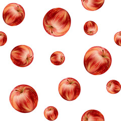 Seamless watercolor pattern with red apples on a white background. Delicate and elegant. Perfect for textiles, wallpaper, gift wrapping and spring-themed designs