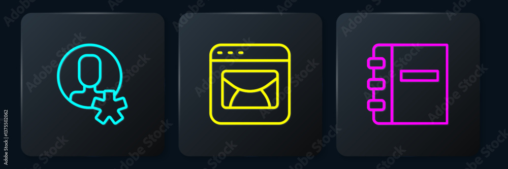 Poster set line elected employee, notebook and mail and e-mail. black square button. vector