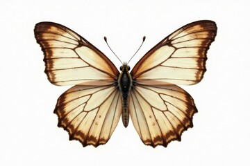 Obraz premium A Detailed Close-Up View of a Pale Butterfly with Brown Veining on its Wings, Isolated on White Background