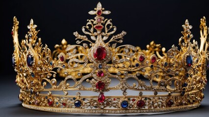 Obraz premium A luxurious golden crown adorned with red velvet and embellished with pearls and red gemstones.