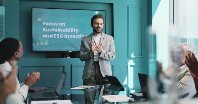 Presentation, applause and businessman in office with team for sustainability and ESG investing. Discussion, clapping hands and company speaker with bankers for finance proposal with investment.