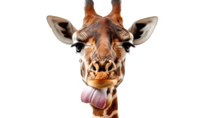 Giraffe portrait, Close Up : Captivating portrait of a giraffe, tongue extended, showcasing its unique features and personality.