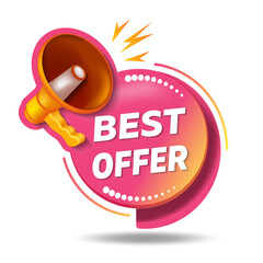 Best offer tag. Special promo sign. Logo design with megaphone and text. The loudspeaker screams best offer. Best offer, limited sale offer promo stamp with megaphone.	