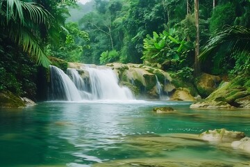 Naklejka premium Tropical waterfall cascading into a clear pool