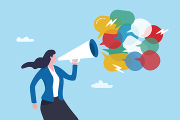 Speak out, voice or message to communicate, dialogue or debate conversation, talk or shout message, advice or announcement concept, businesswoman talk on megaphone with speech bubble voice message.