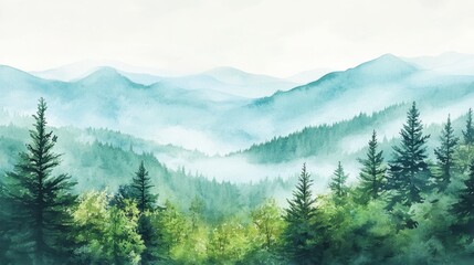 Watercolor of landscape forest misty mountains horizon and fog and hills,pine tree fir tree,Autumn forest background,drawn by hand,Autumn illustration design elements for landscape,wallpaper.