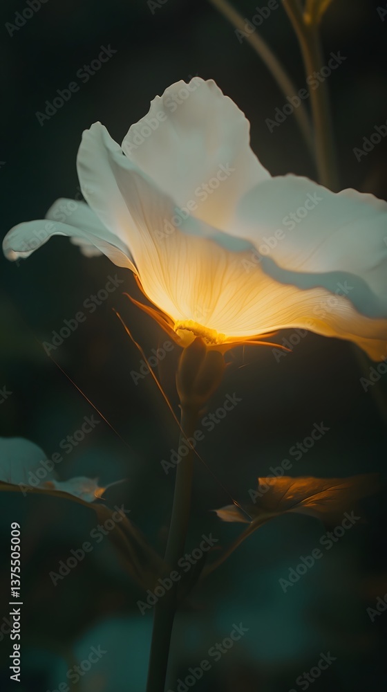 Poster close up of a delicate and ethereal white flower bloom illuminated by warm natural light and casting