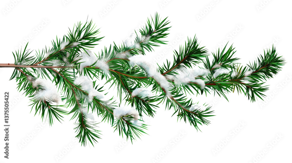 Poster evergreen elegance: a close-up view of an evergreen branch dusted with a delicate layer of fresh sno