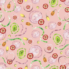 Watercolor seamless pattern with vegetables. Hand-drawn isolated clip art on a color background. Bright and juicy pictures of realistic vegetables for menus, signs, packaging, textiles, printed