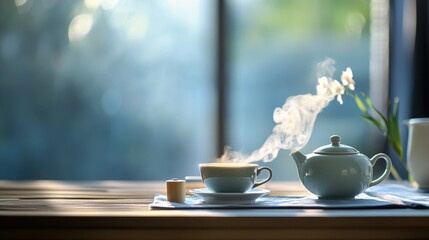 Fototapeta premium A table set for a tea ceremony with delicate teacups and steam rising, leaving space for text.