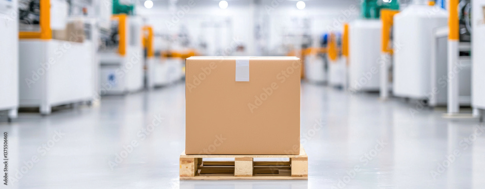 Poster smart factory utilizes ai to enhance workflow efficiency, showcasing cardboard box on wooden pallet 