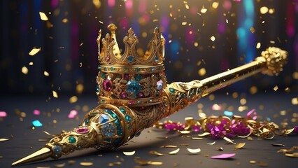 An ornate golden scepter topped with a blue and white striped cone and a small crown,