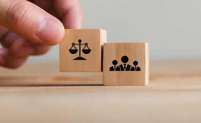 Wooden Blocks with Justice Scales and Business People Icons