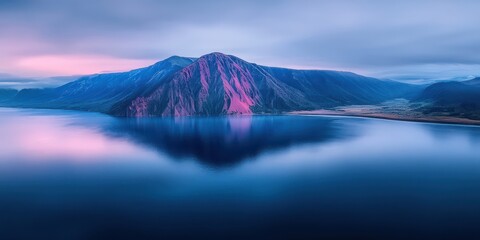 Fototapeta premium Misty mountain range mirrored in a still blue lake at dawn. Wide panoramic horizon with soft pink clouds. Calm reflection suggests clarity and resilience. Ideal for wellness branding, travel ads
