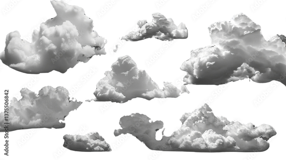 Poster floating clouds: a collection of fluffy clouds in different shapes and sizes drift across the sky, e
