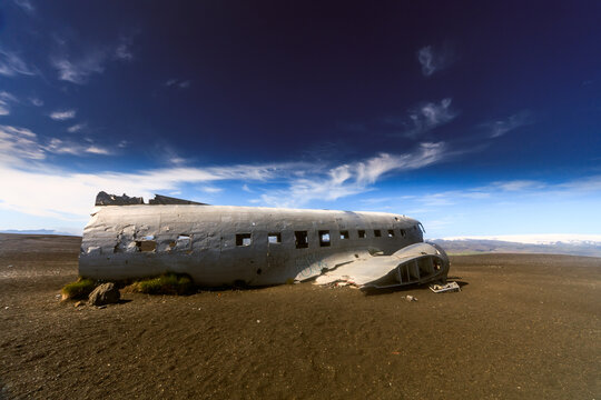 Side view of aircraft wreckage from a plane crash on Solheimasandur Beach, Southern Iceland, Iceland