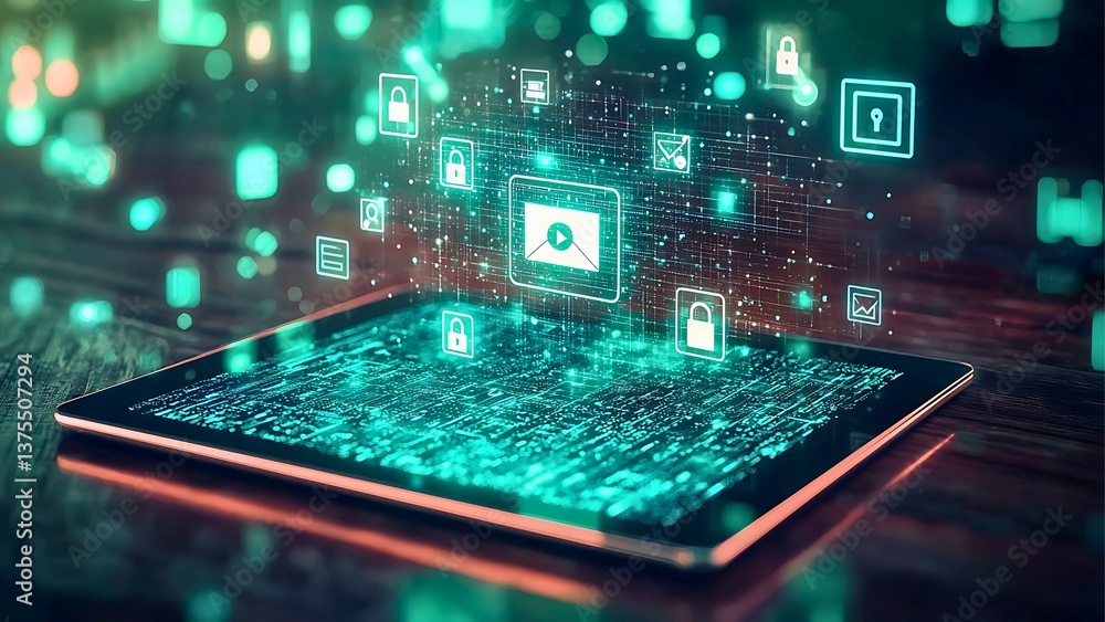 Aufkleber a digital tablet projecting futuristic cyber security data. the scene is vibrant, with illuminated d