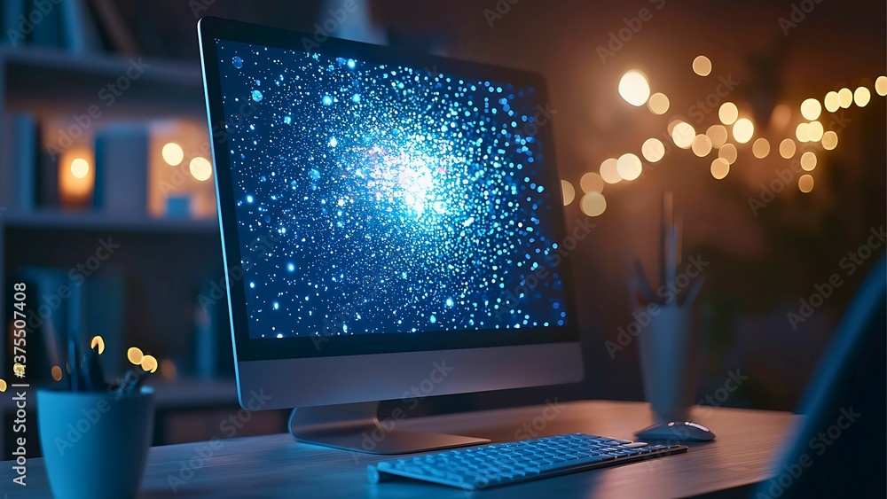 Poster a computer displaying a stunning image, illuminated in a cozy, warm-lit setting. the desk arrangemen