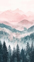 Fototapeta premium Watercolor of landscape forest misty mountains horizon and fog and hills,pine tree fir tree,Autumn forest background,drawn by hand,Autumn illustration design elements for landscape,wallpaper.