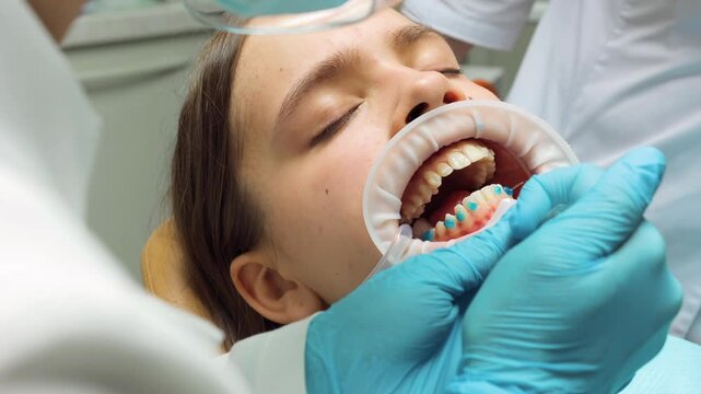 A dentist carefully applies etching gel to a teenage patient's tooth enamel using a dental syringe during the preparation phase for clear aligner attachment in a professional orthodontic clinic