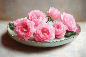 Pink Rose Flowers on Rustic Plate in Soft Impressionism Style Natural Lighting Romantic Decoration for Weddings and Special Occasions