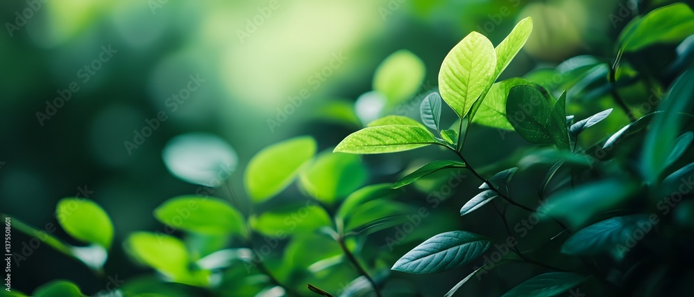 Aufkleber close up view of fresh verdant leaves and foliage in a serene tranquil natural setting with a soft b