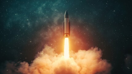 Rocket Launching into Space with Bright Flames and Smoke Against Starry Night Sky
