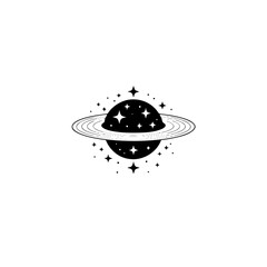 Minimalist Planet Icon with Stars: Celestial, Black & White Design