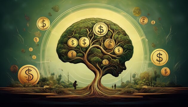 sustainability, abstract illustration of thoughts and money