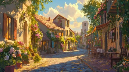 Fototapeta premium Narrow cobblestone street in a charming European village with yellow and beige stone buildings