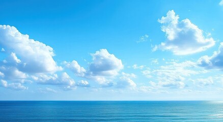 Fototapeta premium Bright Blue Sky and Tranquil Ocean Seascape with Fluffy Clouds for Summer Vacation Inspiration