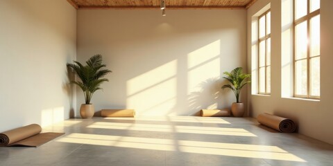 Fototapeta premium Serene Minimalist Room with Sunlight Streaming Through Large Windows, Featuring Rolled Mats and Potted Plants