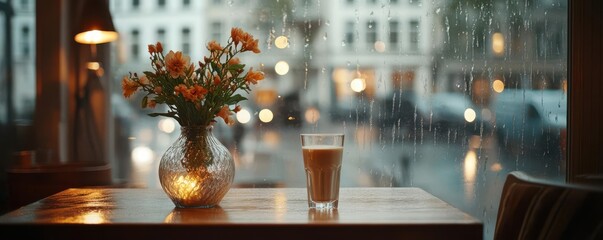 Subdued lighting in a coffee shop with a rainy window flat design side view urban evening animation colored pastel