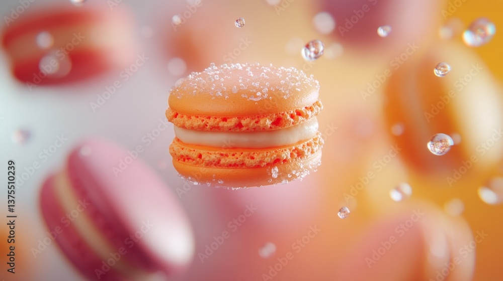 Poster an artistic capture of multicolored macarons appearing to float effortlessly, with a delicate out-of