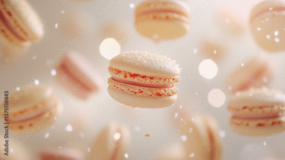 Poster an enchanting display of hovering macarons, their crisp shells and creamy filling highlighted by a s