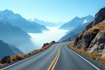 Naklejka premium Asphalt ribbon winding through majestic mountains, a valley veiled in mist, sunlight illuminating the path ahead