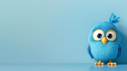 Fototapeta premium Adorable Blue Cartoon Owl Against Minimalist Light Blue Background