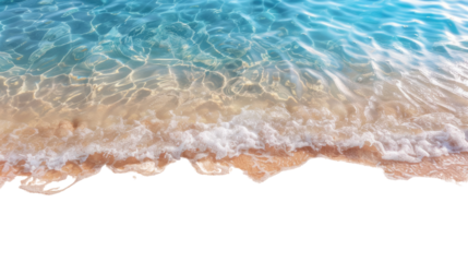 Coastal Serenity: Gentle waves lap against the sandy shore, creating a calming rhythm. Clear turquoise waters shimmer under the sun, creating an inviting scene of seaside tranquility. 