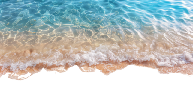 Coastal Serenity: Gentle waves lap against the sandy shore, creating a calming rhythm. Clear turquoise waters shimmer under the sun, creating an inviting scene of seaside tranquility. 