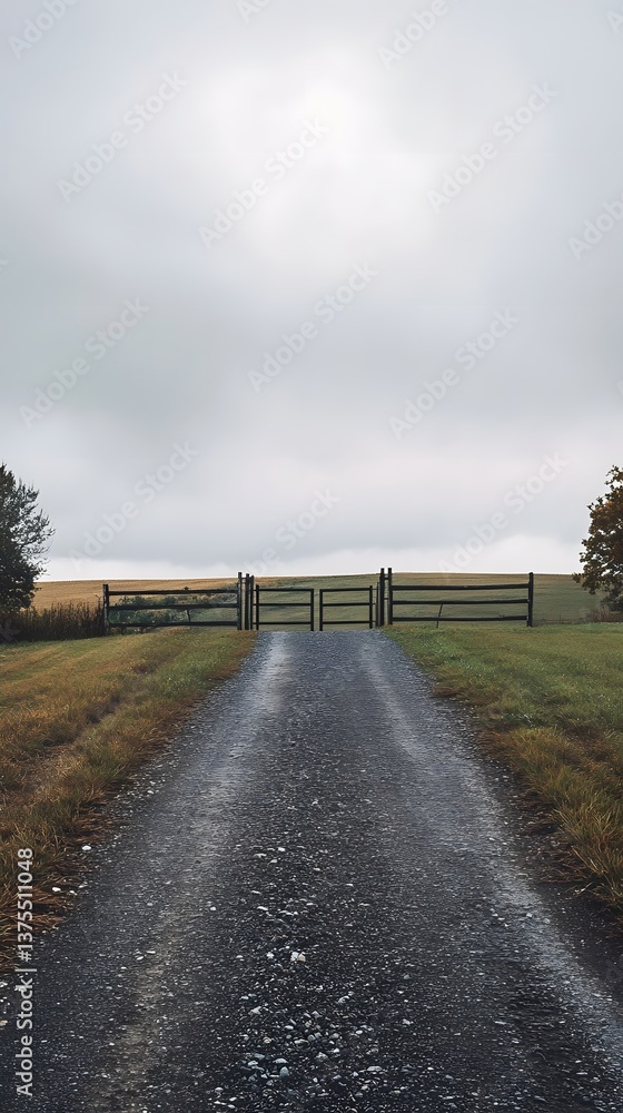 Fototapete a gravel path winds through a vast open countryside under an overcast atmospheric sky with a rustic 