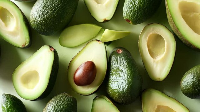 A seamless arrangement of whole and halved avocados on a green background, showcasing their rich textures and creamy interiors. The vibrant composition emphasizes freshness, health, and natural food 
