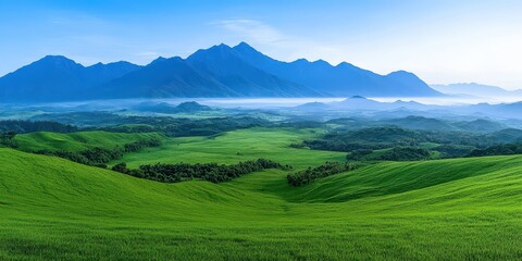 Fototapeta premium Rolling Green Hills and Mountain Range Landscape at Sunrise