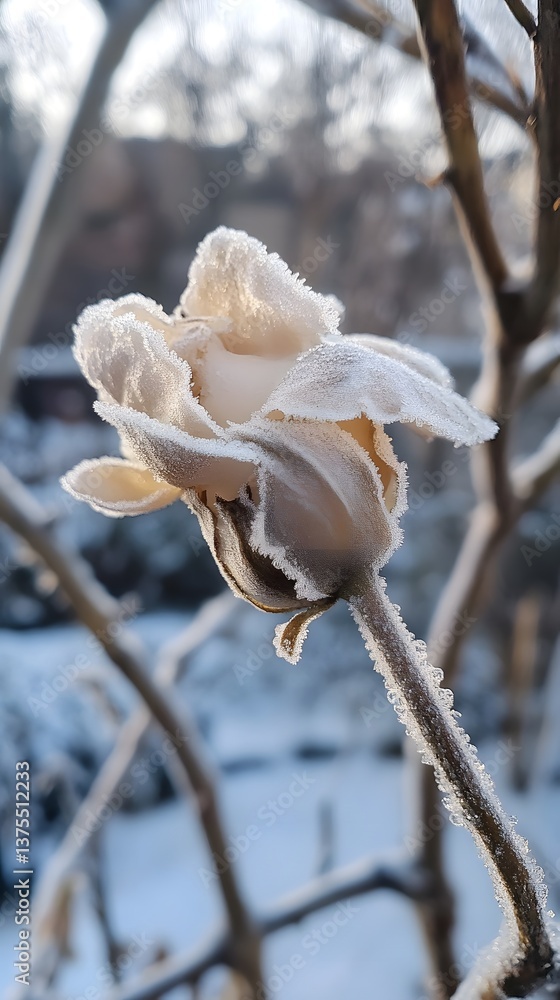 Poster a close up view of a beautiful rose bud in the winter its petals gently coated in a layer of delicat