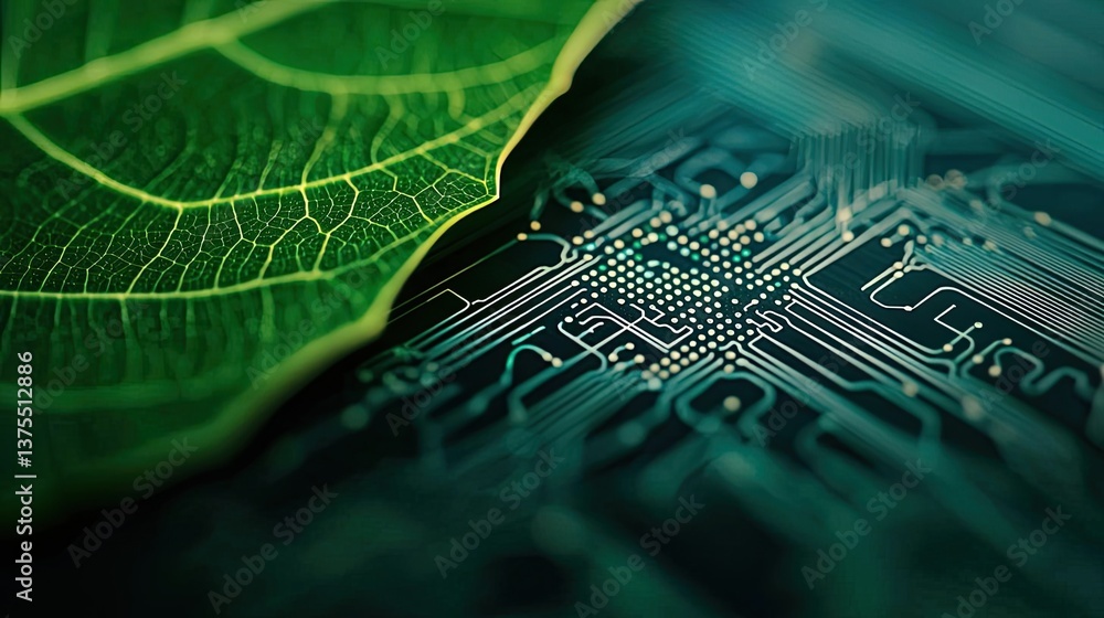 Poster dna plants with genetic modification technology concept. a close-up of a leaf overlaying a circuit b