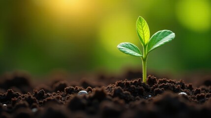 Naklejka premium A tiny sprout emerges from rich dark soil, bathed in the warm glow of sunlight, symbolizing new life and growth in a vibrant natural environment.