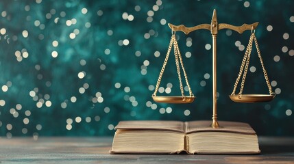 Golden Scales of Justice on Open Law Book with Bokeh Background in Soft Focus for Legal Themes and Concepts
