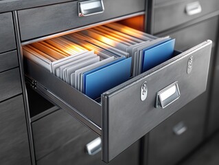 Hyper-realistic 3D render of filing cabinet with open drawer and blue folder accents