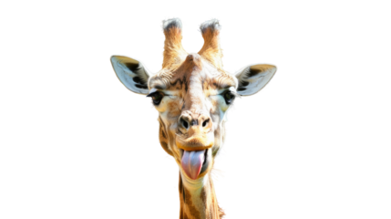 Playful Giraffe's Portrait: a giraffe playfully sticks out its tongue, offering a charming and humorous close-up of its expressive face and distinctive pattern.