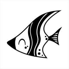 Naklejka premium Black and white fish isolated cartoon sea doodle. Ocean animal hand drawn vector illustration in flat style